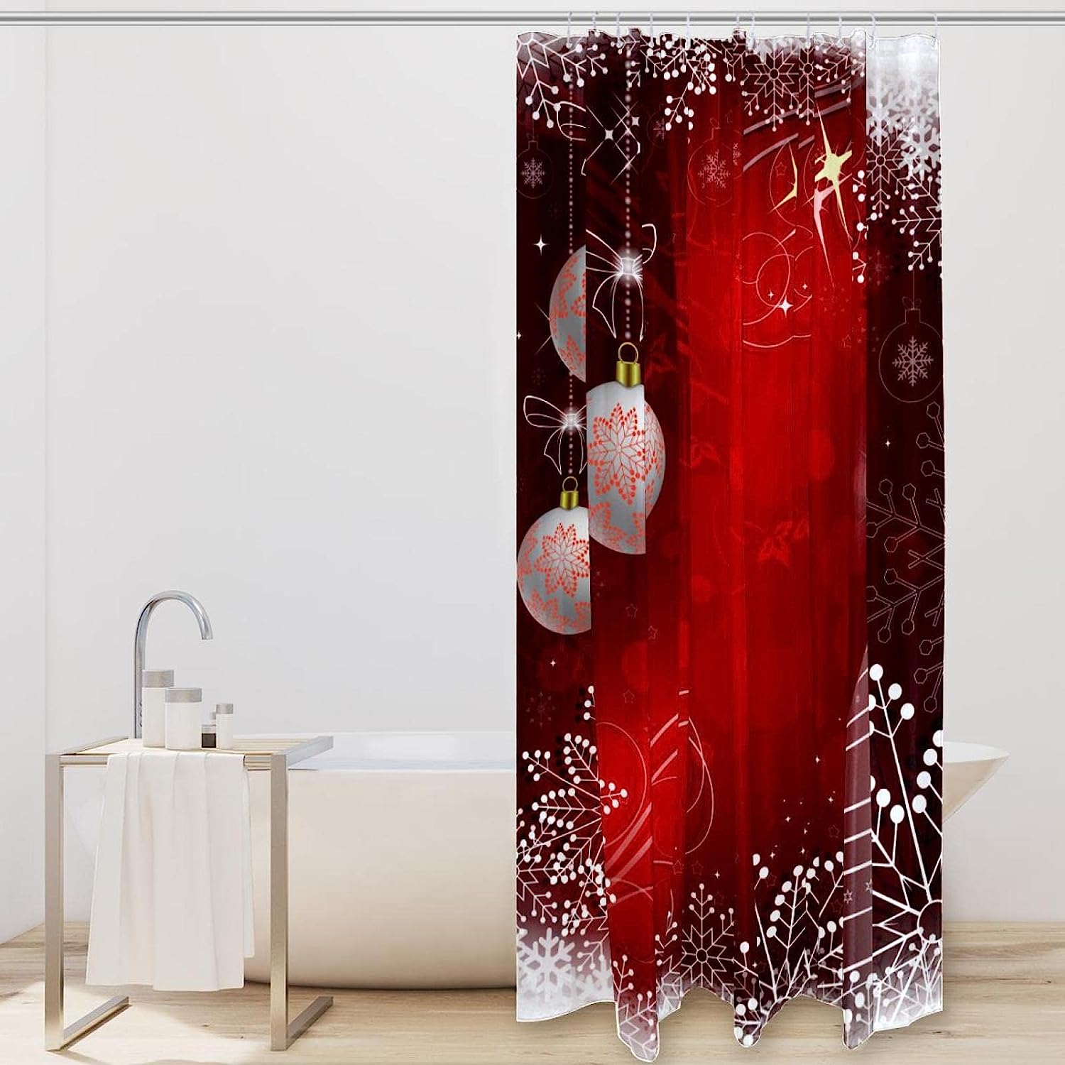 Red Bright Christmas Snowflakes Fabric Shower Curtain for Bathroom Decor