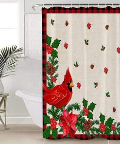 Red Buffalo Plaid Christmas Shower Curtain with Snowflake Xmas Tree Cardinals