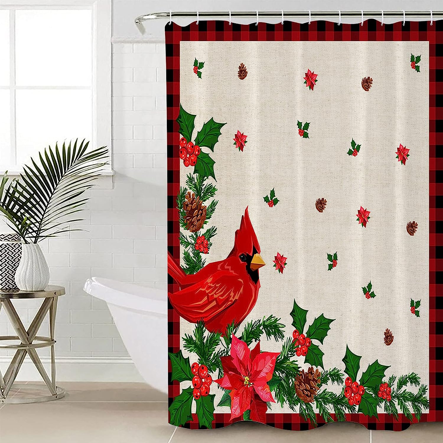 Red Buffalo Plaid Christmas Shower Curtain with Snowflake Xmas Tree Cardinals