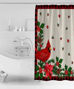 Red Buffalo Plaid Christmas Shower Curtain with Snowflake Xmas Tree Cardinals