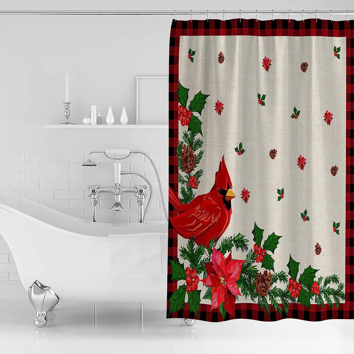 Red Buffalo Plaid Christmas Shower Curtain with Snowflake Xmas Tree Cardinals