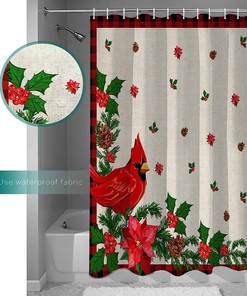 Red Buffalo Plaid Christmas Shower Curtain with Snowflake Xmas Tree Cardinals