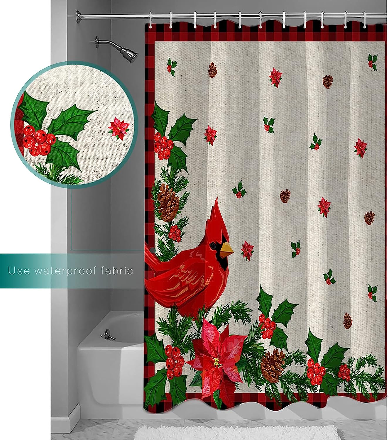 Red Buffalo Plaid Christmas Shower Curtain with Snowflake Xmas Tree Cardinals
