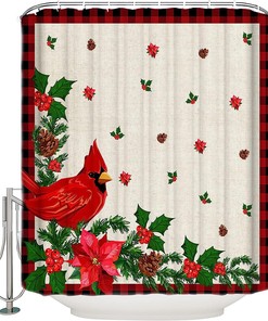 Red Buffalo Plaid Christmas Shower Curtain with Snowflake Xmas Tree Cardinals