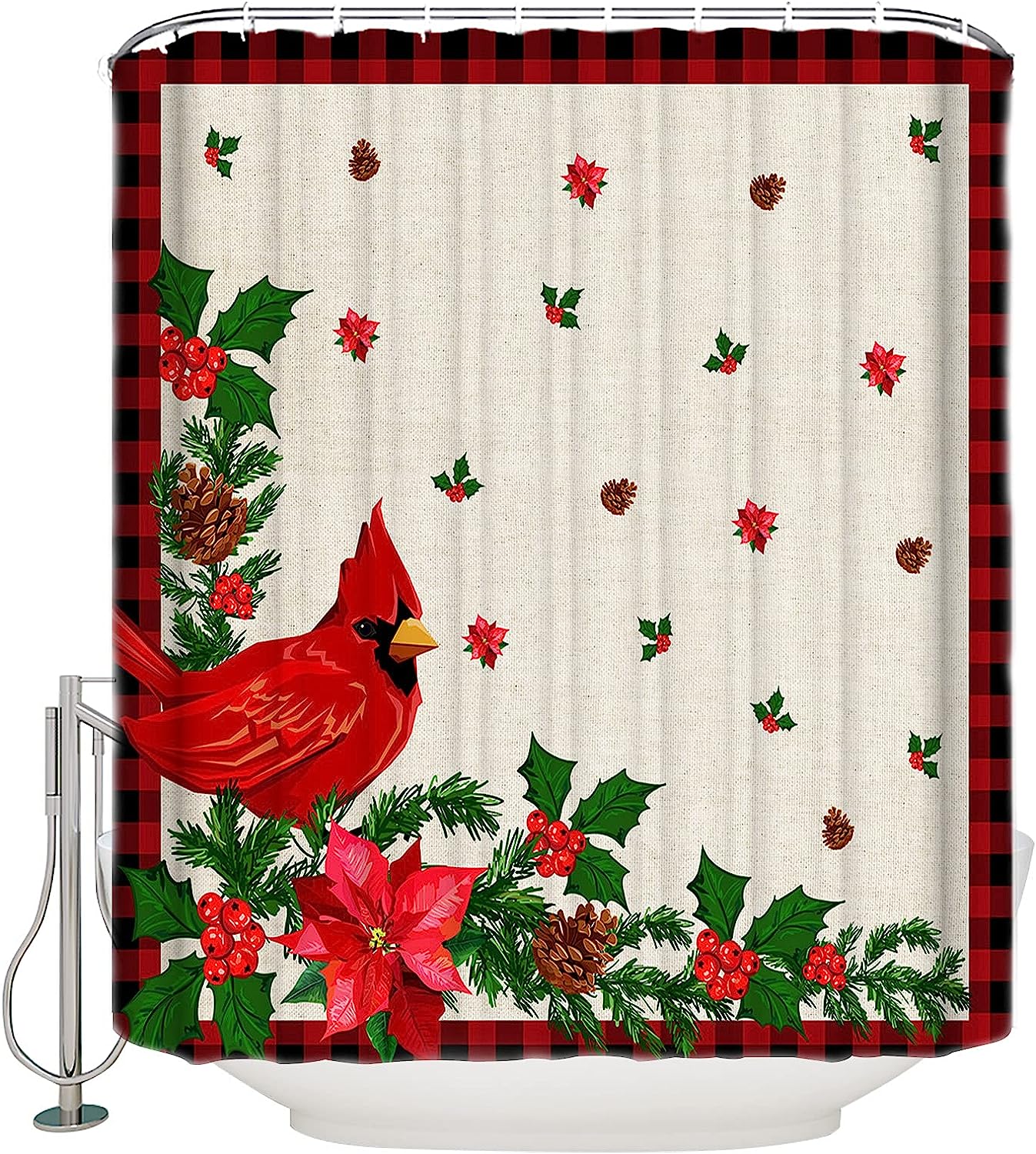 Red Buffalo Plaid Christmas Shower Curtain with Snowflake Xmas Tree Cardinals