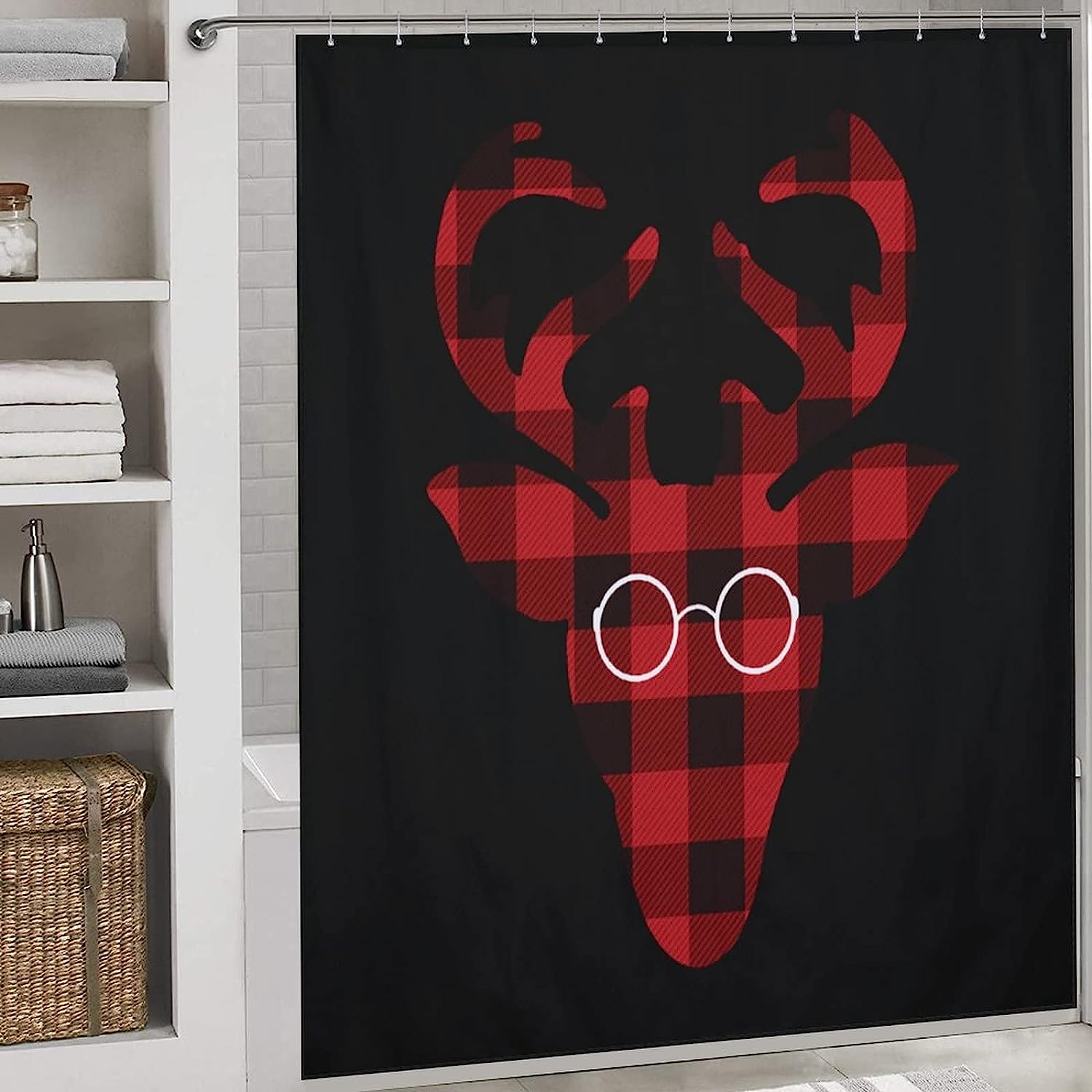 Red Buffalo Plaid Deer Trendy Modern Shower Curtain with Waterproof Fabric Bathroom Decorations