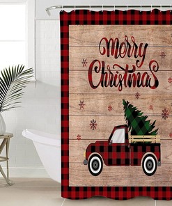 Red Buffalo Plaid Snowflake Red Truck Pull Xmas Tree Christmas Shower Curtain