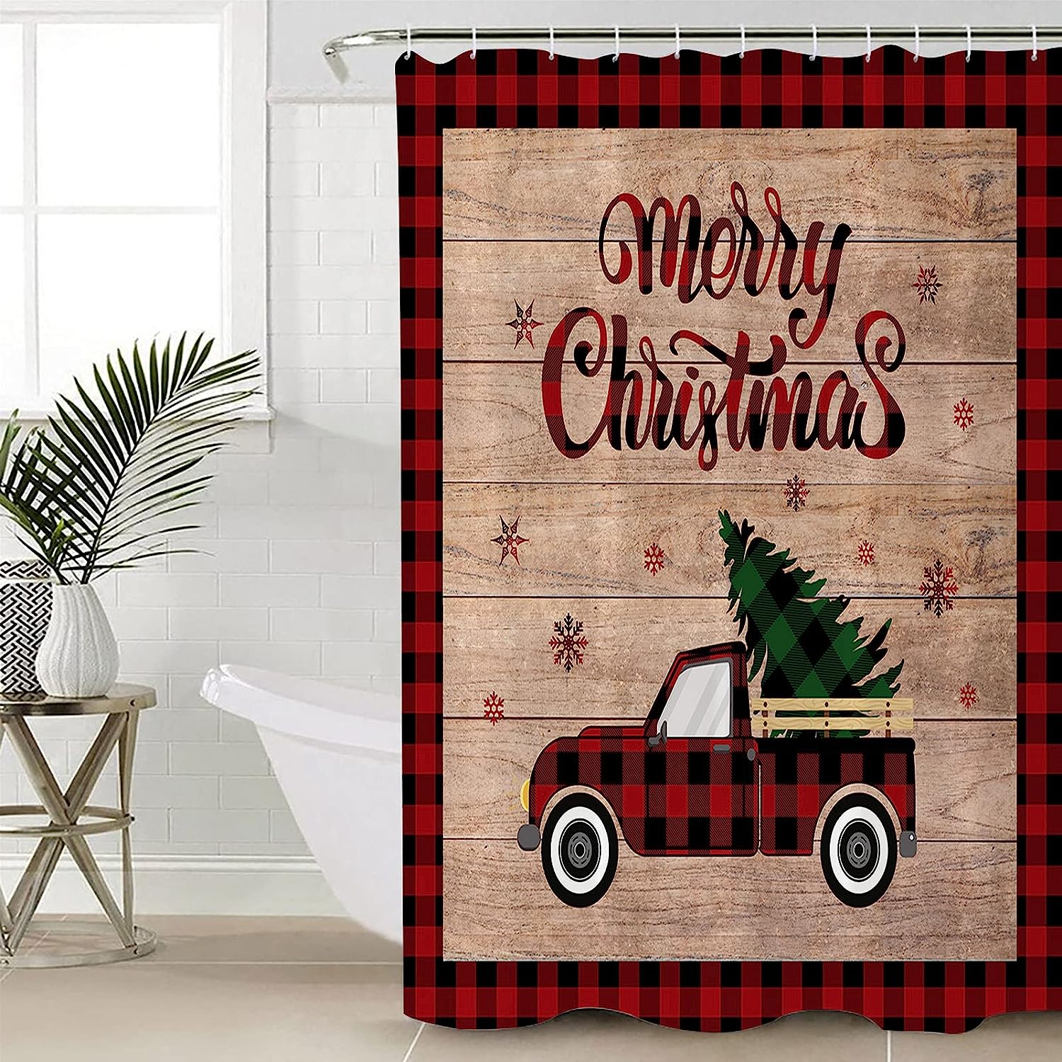 Red Buffalo Plaid Snowflake Red Truck Pull Xmas Tree Christmas Shower Curtain