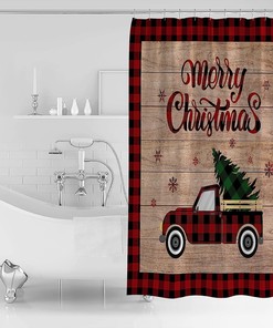 Red Buffalo Plaid Snowflake Red Truck Pull Xmas Tree Christmas Shower Curtain