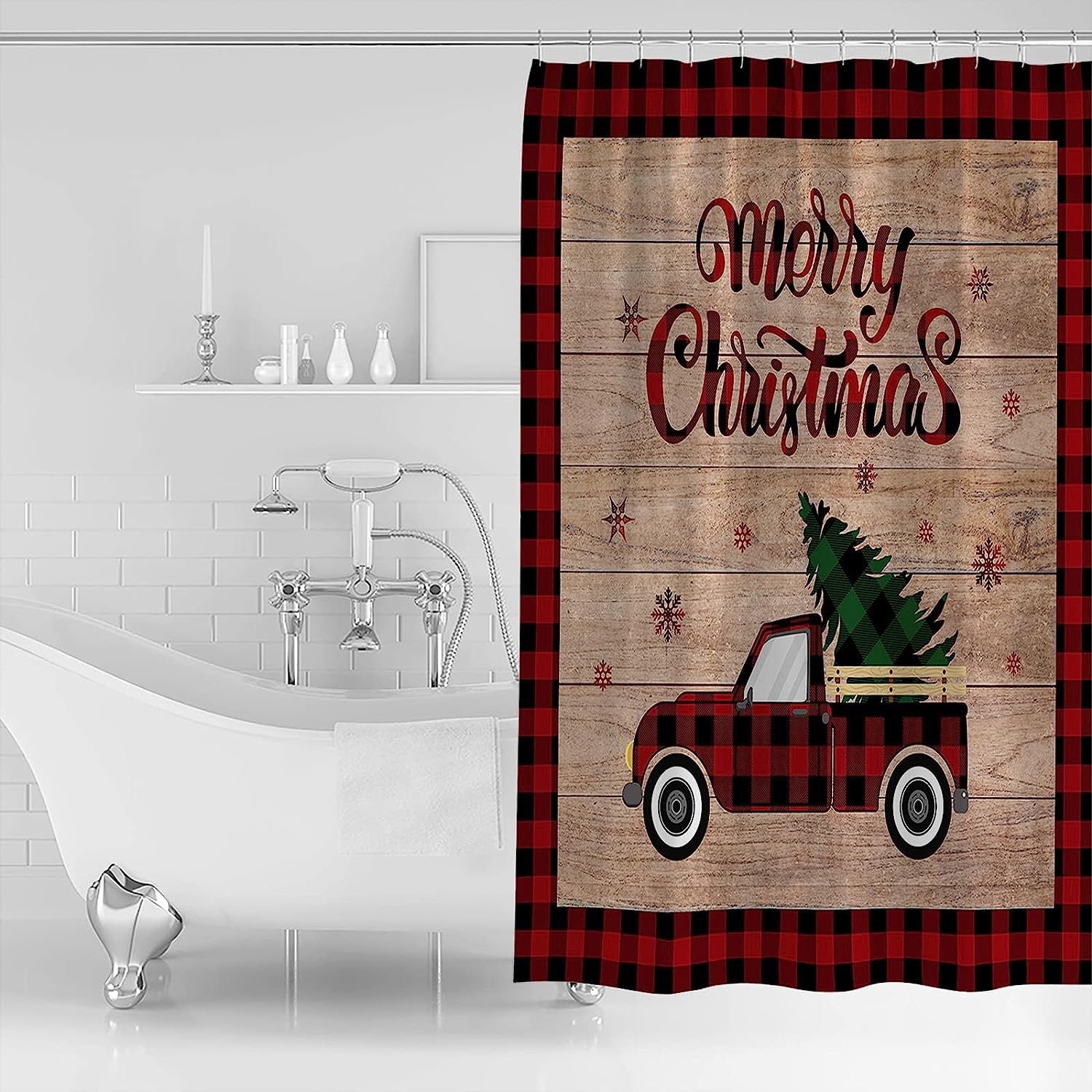 Red Buffalo Plaid Snowflake Red Truck Pull Xmas Tree Christmas Shower Curtain