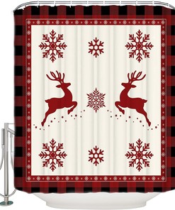 Red Buffalo Plaid Snowflake Reindeer Elk Shower Curtain For Christmas