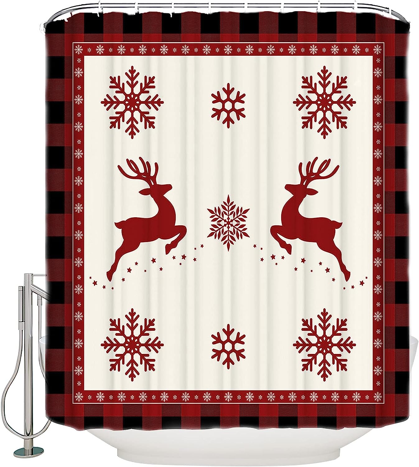 Red Buffalo Plaid Snowflake Reindeer Elk Shower Curtain For Christmas