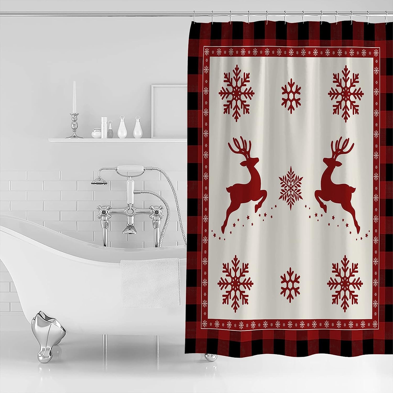 Red Buffalo Plaid Snowflake Reindeer Elk Shower Curtain For Christmas - Image 2
