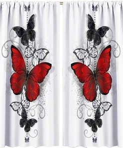 Red Butterfly Flowers Printed Curtains for Girls Room with Blackout Window Curtain Panels and Rod Pocket Window Drapes
