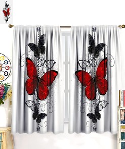 Red Butterfly Flowers Printed Curtains for Girls Room with Blackout Window Curtain Panels and Rod Pocket Window Drapes