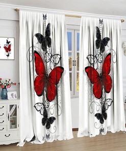 Red Butterfly Flowers Printed Curtains for Girls Room with Blackout Window Curtain Panels and Rod Pocket Window Drapes