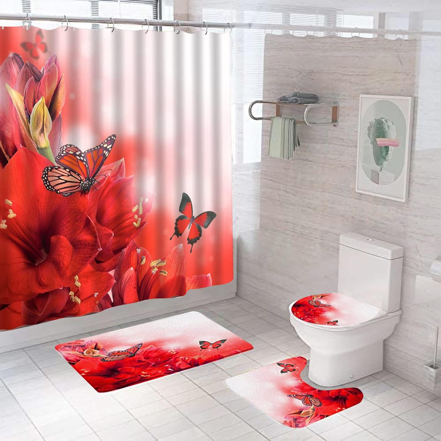 Red Butterfly with Flowers Shower Curtain for a Decorative Bathroom Curtain