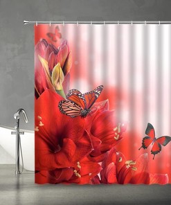 Red Butterfly with Flowers Shower Curtain for a Decorative Bathroom Curtain