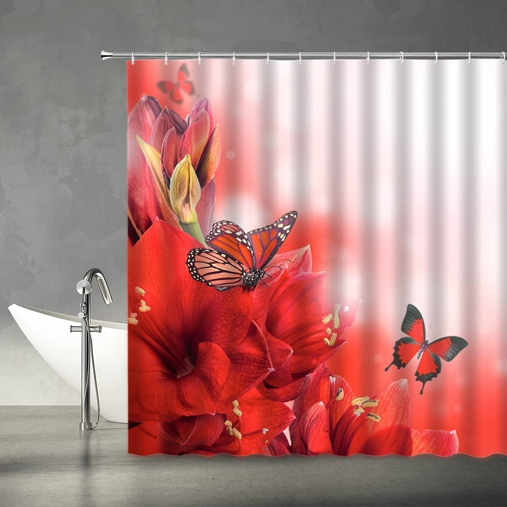 Red Butterfly with Flowers Shower Curtain for a Decorative Bathroom Curtain