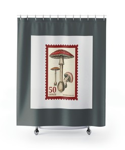 Red Capped Mushrooms Cottage Core Boho Vintage Stamp Art Shower Curtain