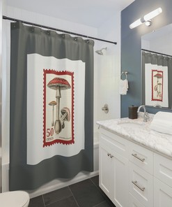Red Capped Mushrooms Cottage Core Boho Vintage Stamp Art Shower Curtain