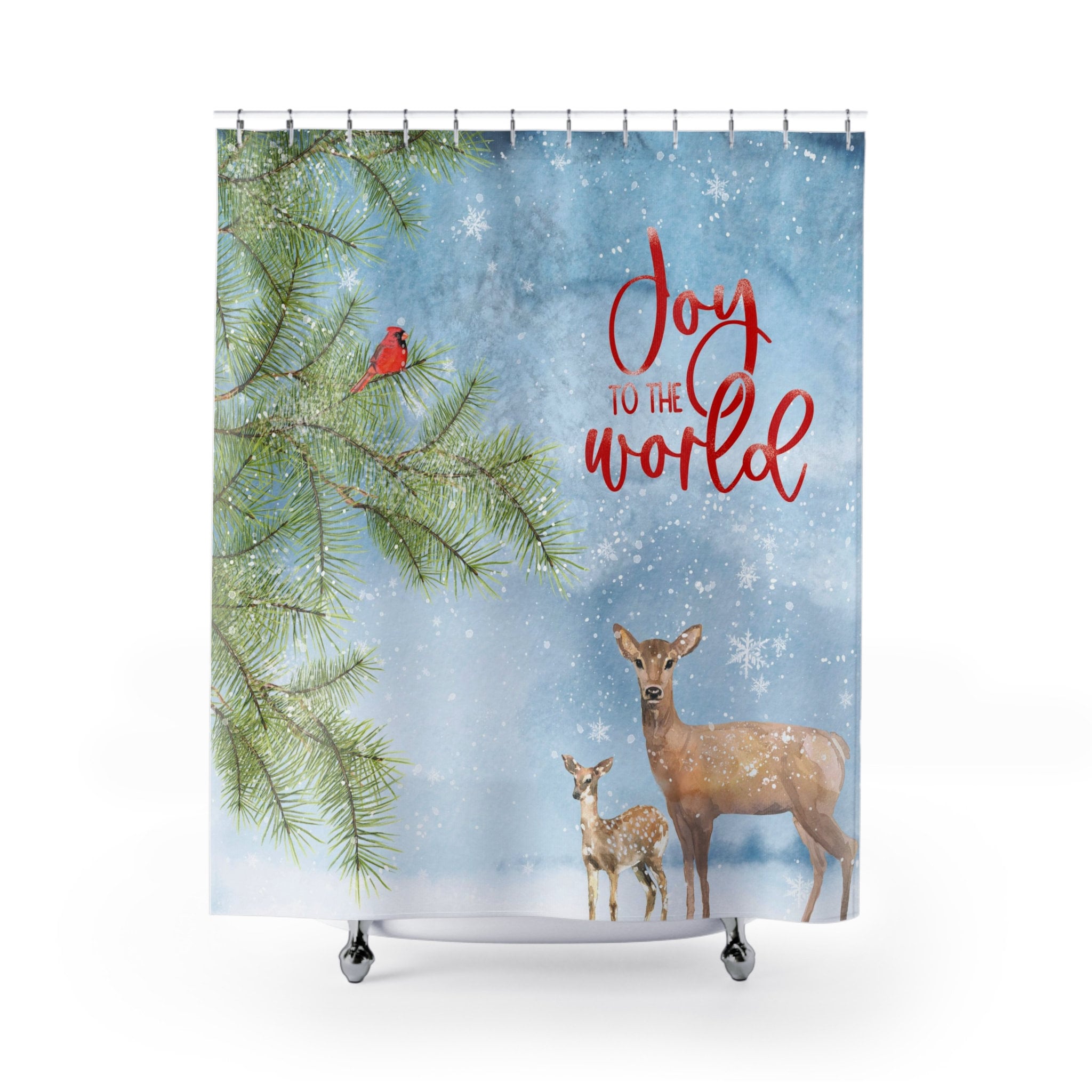 Red Cardinal And Christmas Saying Woodland Print Shower Curtain For Bathroom Decor