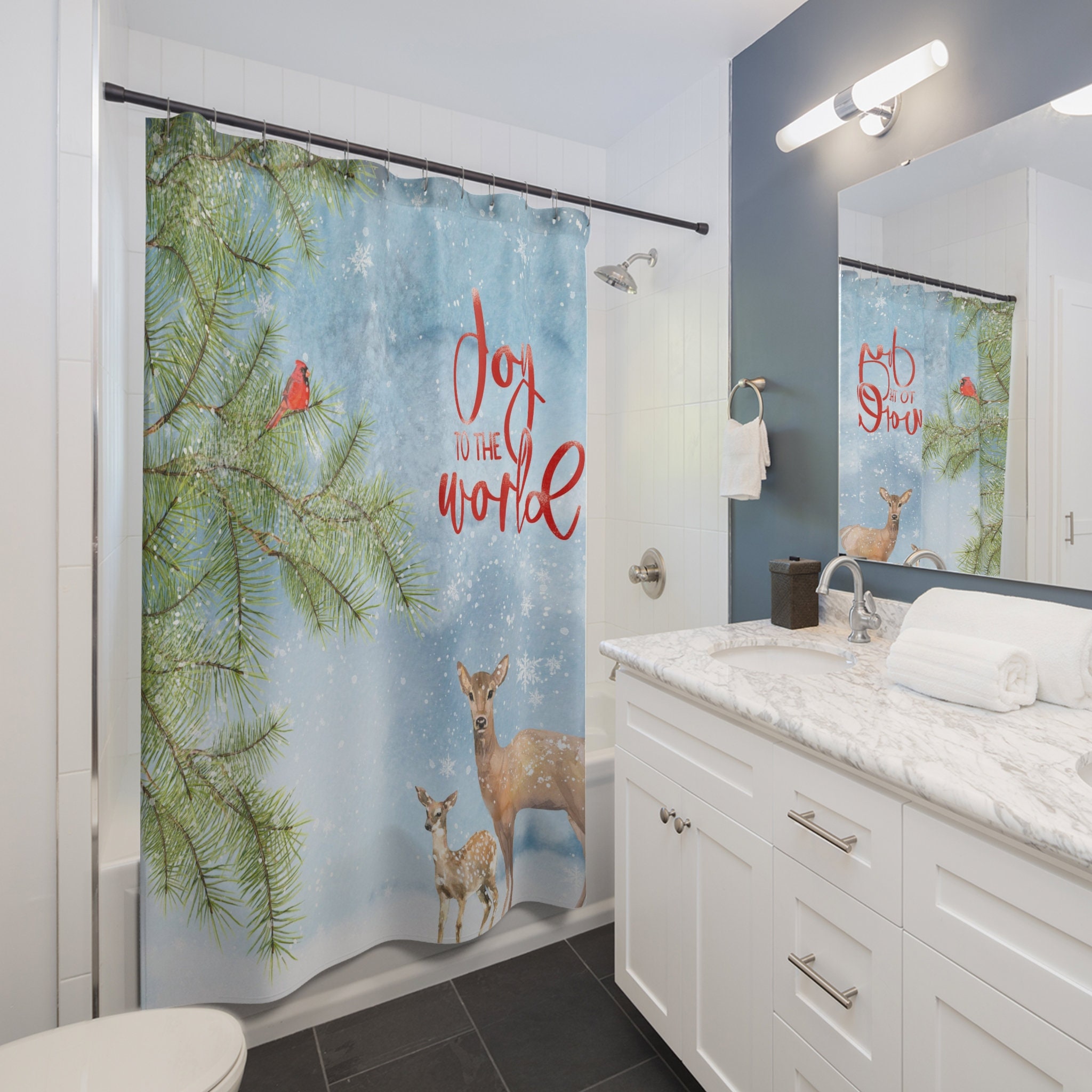 Red Cardinal And Christmas Saying Woodland Print Shower Curtain For Bathroom Decor - Image 2