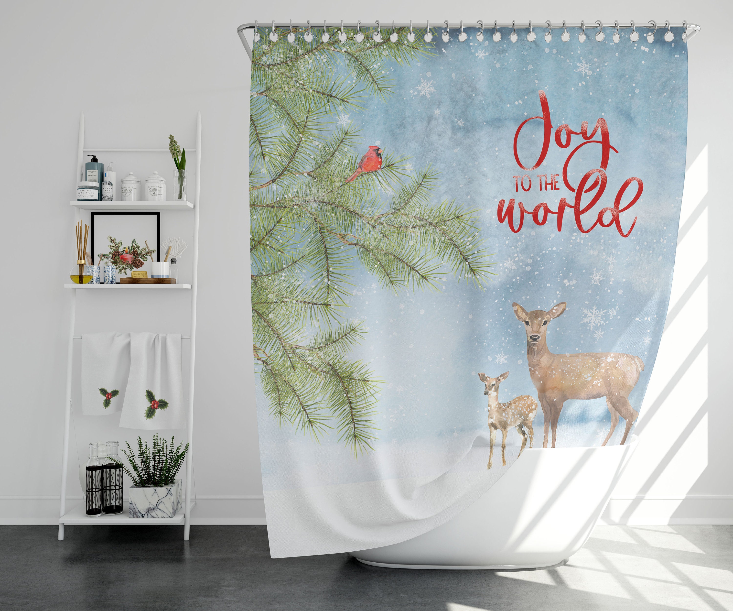 Red Cardinal And Christmas Saying Woodland Print Shower Curtain For Bathroom Decor - Image 3