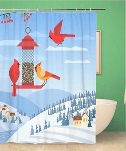 Red Cardinal Birds Shower Curtain with Rural Community and Birdfeeding Design, Winter Bathroom Decor 