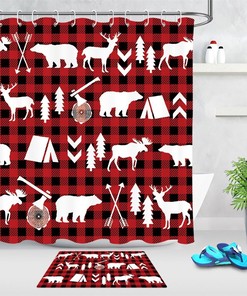 Red Checkered Camp Tents Trees Reindeers Bears Shower Curtain Bathroom Decor for Winter Holiday