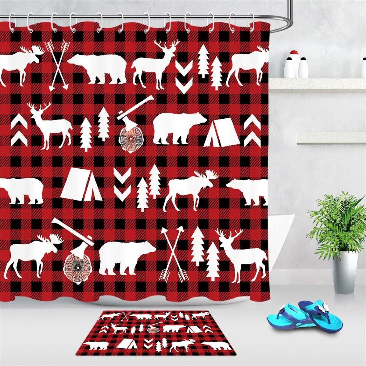 Red Checkered Camp Tents Trees Reindeers Bears Shower Curtain Bathroom Decor for Winter Holiday