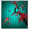 Red Cherry Blossom Japanese Oriental Antique Ink Painting Landscape Shower Curtain, Asian Themed Bathroom Decor