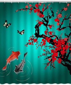 Red Cherry Blossom Japanese Oriental Antique Ink Painting Landscape Shower Curtain, Asian Themed Bathroom Decor