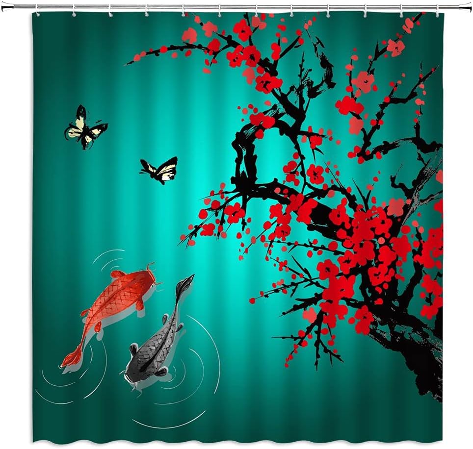 Red Cherry Blossom Japanese Oriental Antique Ink Painting Landscape Shower Curtain, Asian Themed Bathroom Decor