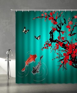 Red Cherry Blossom Japanese Oriental Antique Ink Painting Landscape Shower Curtain, Asian Themed Bathroom Decor