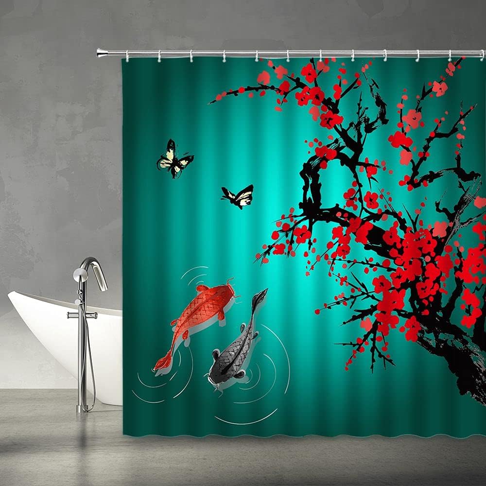 Red Cherry Blossom Japanese Oriental Antique Ink Painting Landscape Shower Curtain, Asian Themed Bathroom Decor