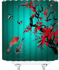 Red Cherry Blossom Japanese Oriental Antique Ink Painting Landscape Shower Curtain, Asian Themed Bathroom Decor
