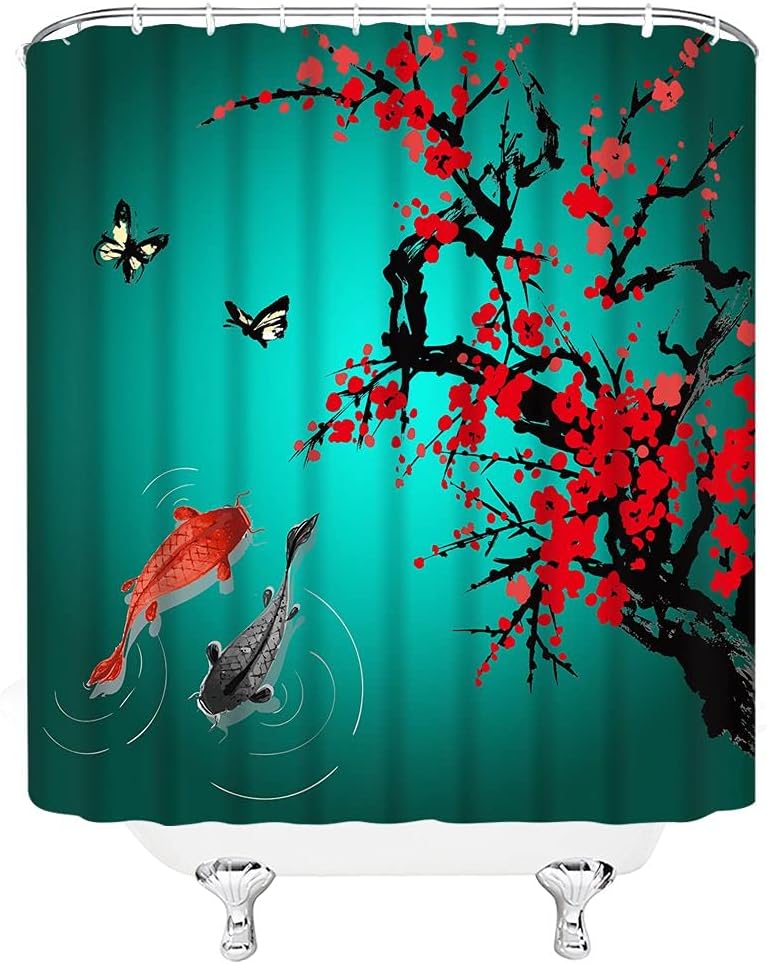 Red Cherry Blossom Japanese Oriental Antique Ink Painting Landscape Shower Curtain, Asian Themed Bathroom Decor