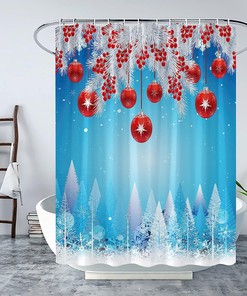 Red Christmas Ball Pine Twig Berry Snowflake Shower Curtain - Festive Holiday Bathroom Decor