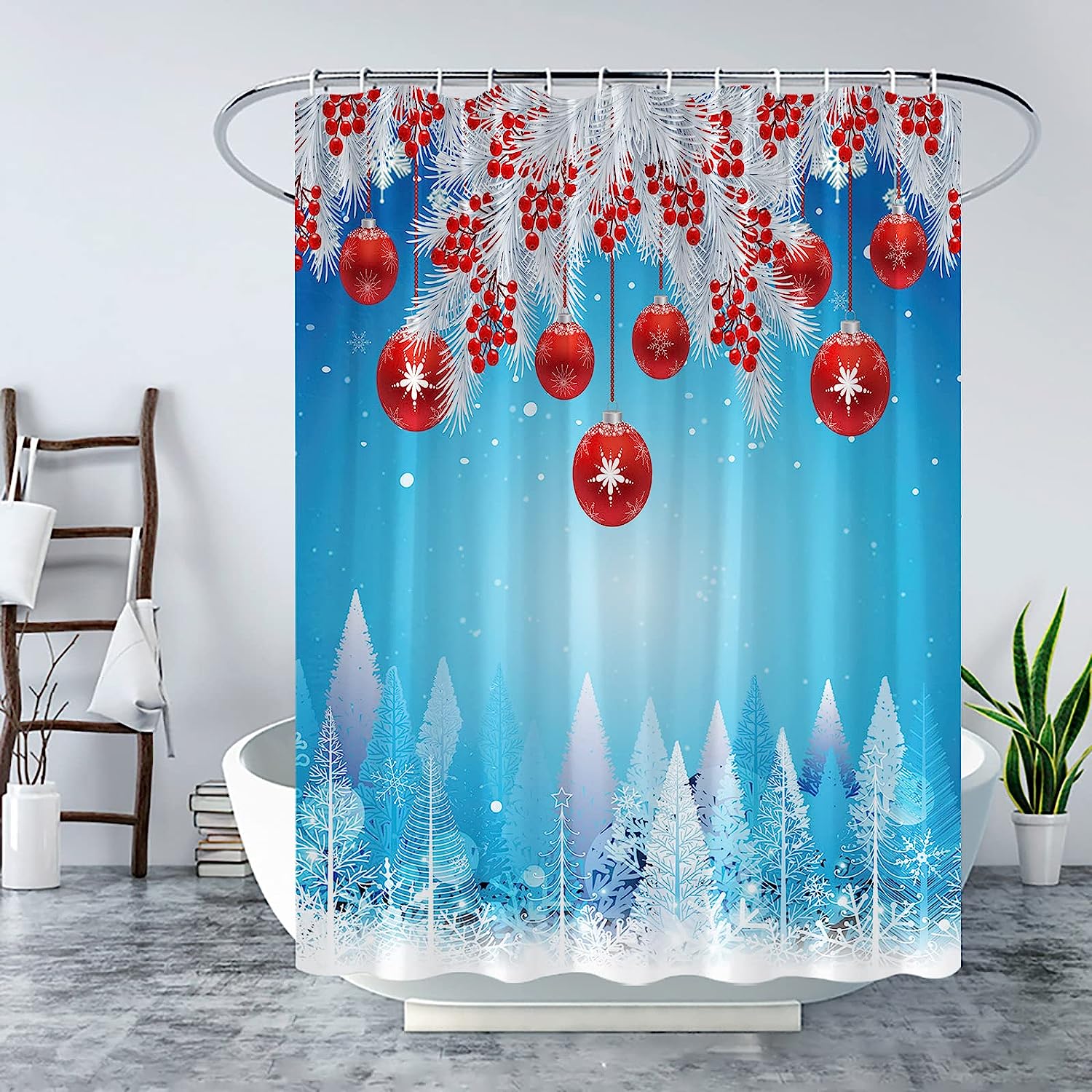 Red Christmas Ball Pine Twig Berry Snowflake Shower Curtain - Festive Holiday Bathroom Decor
