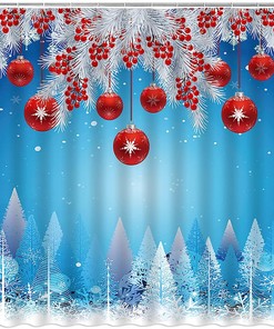 Red Christmas Ball Pine Twig Berry Snowflake Shower Curtain - Festive Holiday Bathroom Decor