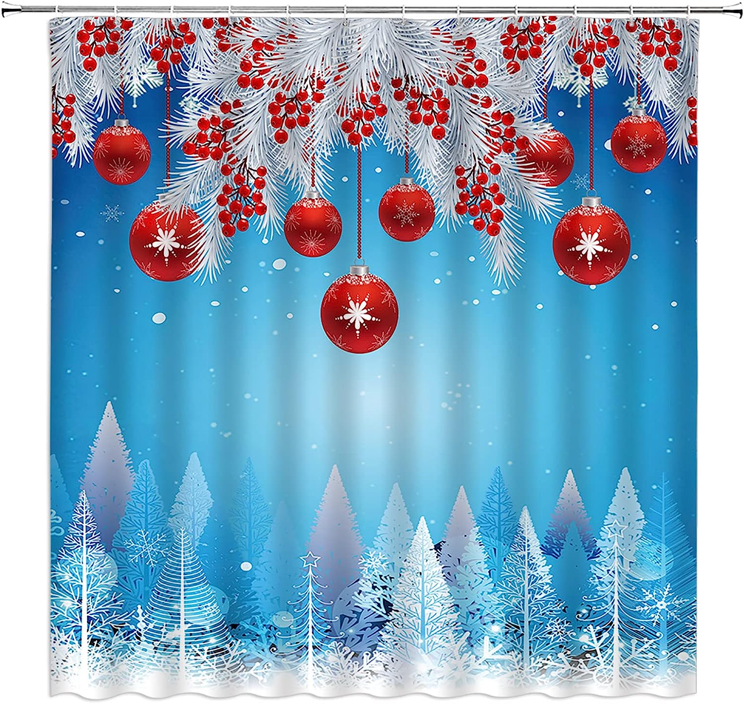 Red Christmas Ball Pine Twig Berry Snowflake Shower Curtain - Festive Holiday Bathroom Decor