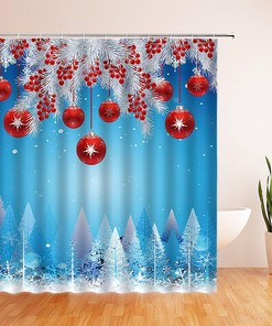 Red Christmas Ball Pine Twig Berry Snowflake Shower Curtain - Festive Holiday Bathroom Decor