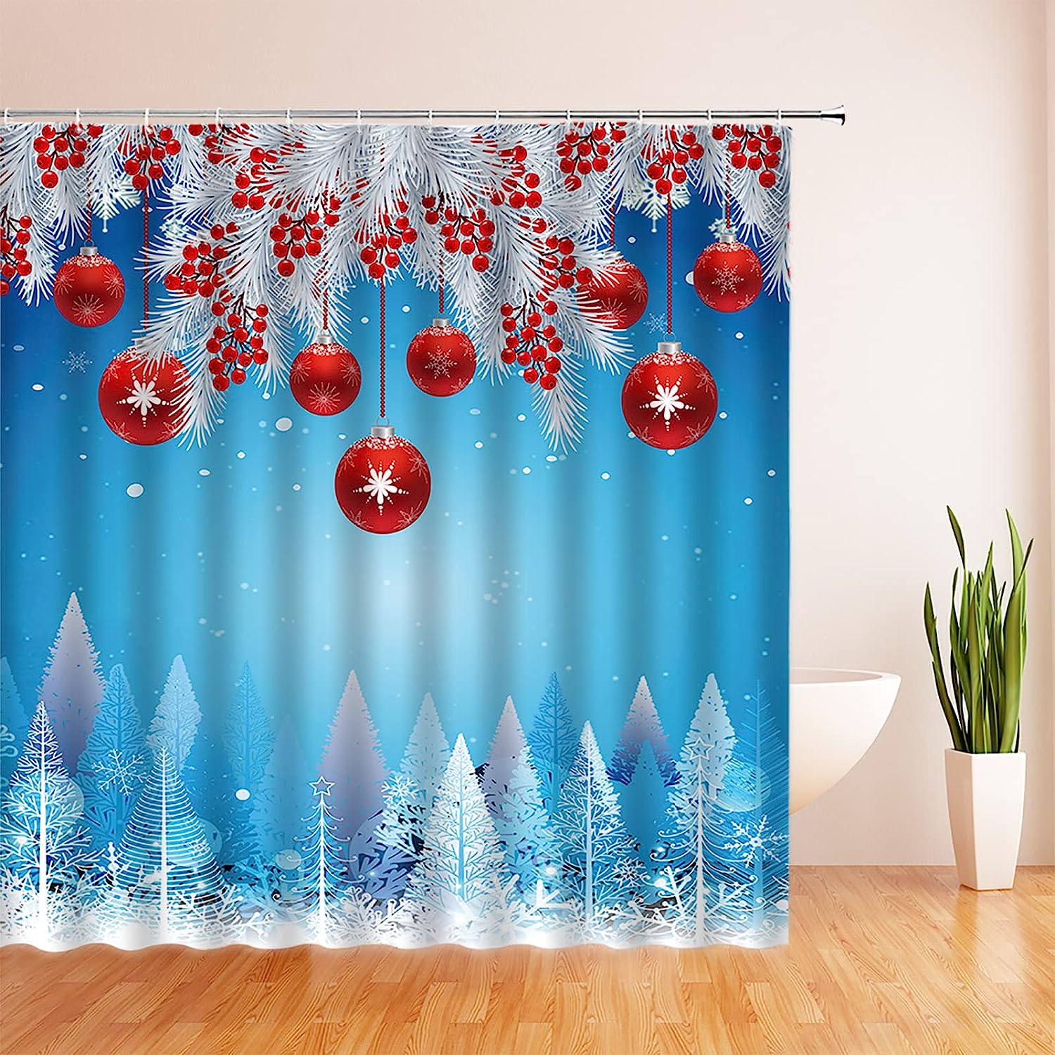 Red Christmas Ball Pine Twig Berry Snowflake Shower Curtain - Festive Holiday Bathroom Decor