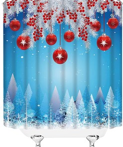Red Christmas Ball Pine Twig Berry Snowflake Shower Curtain - Festive Holiday Bathroom Decor