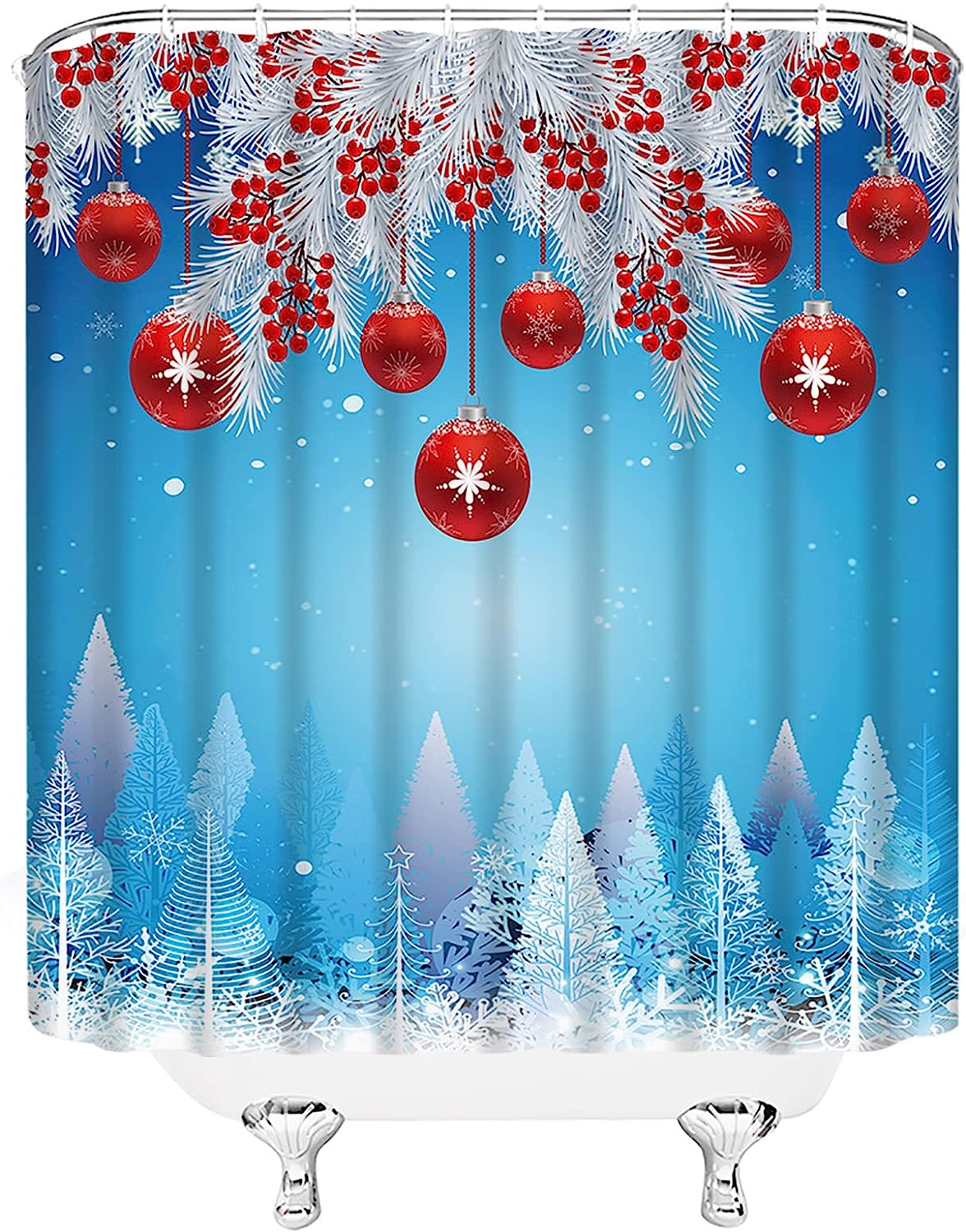 Red Christmas Ball Pine Twig Berry Snowflake Shower Curtain - Festive Holiday Bathroom Decor