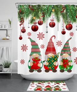 Red Christmas Ball Snowflake Funny Gnome Shower Curtain for Bathroom Decor with Festive Design
