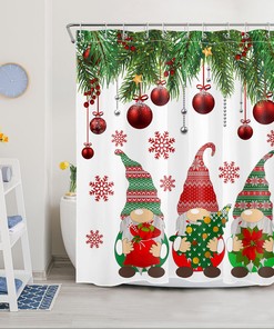 Red Christmas Ball Snowflake Funny Gnome Shower Curtain for Bathroom Decor with Festive Design