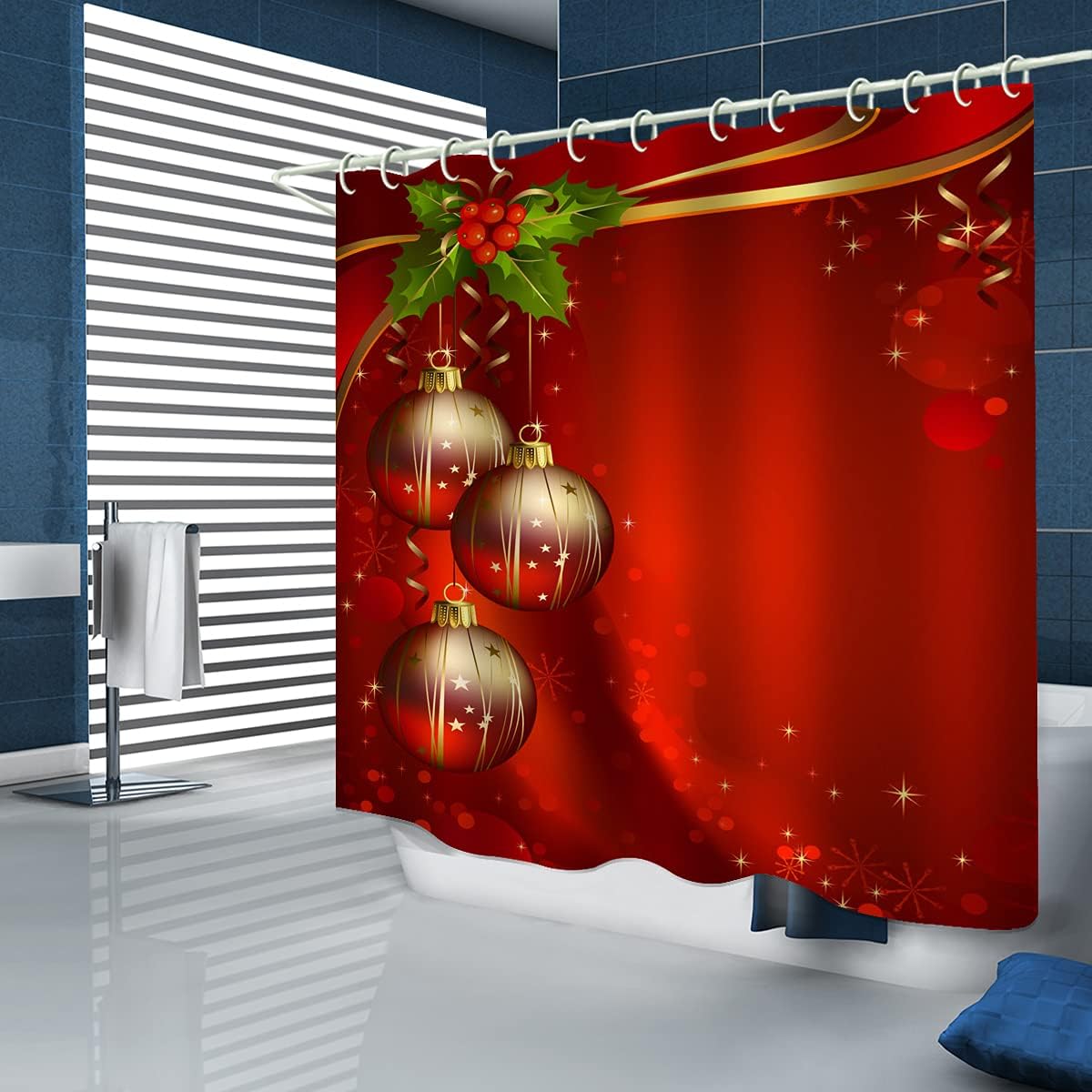 Red Christmas Lantern Shower Curtain with Art Print for Bathroom Accessories