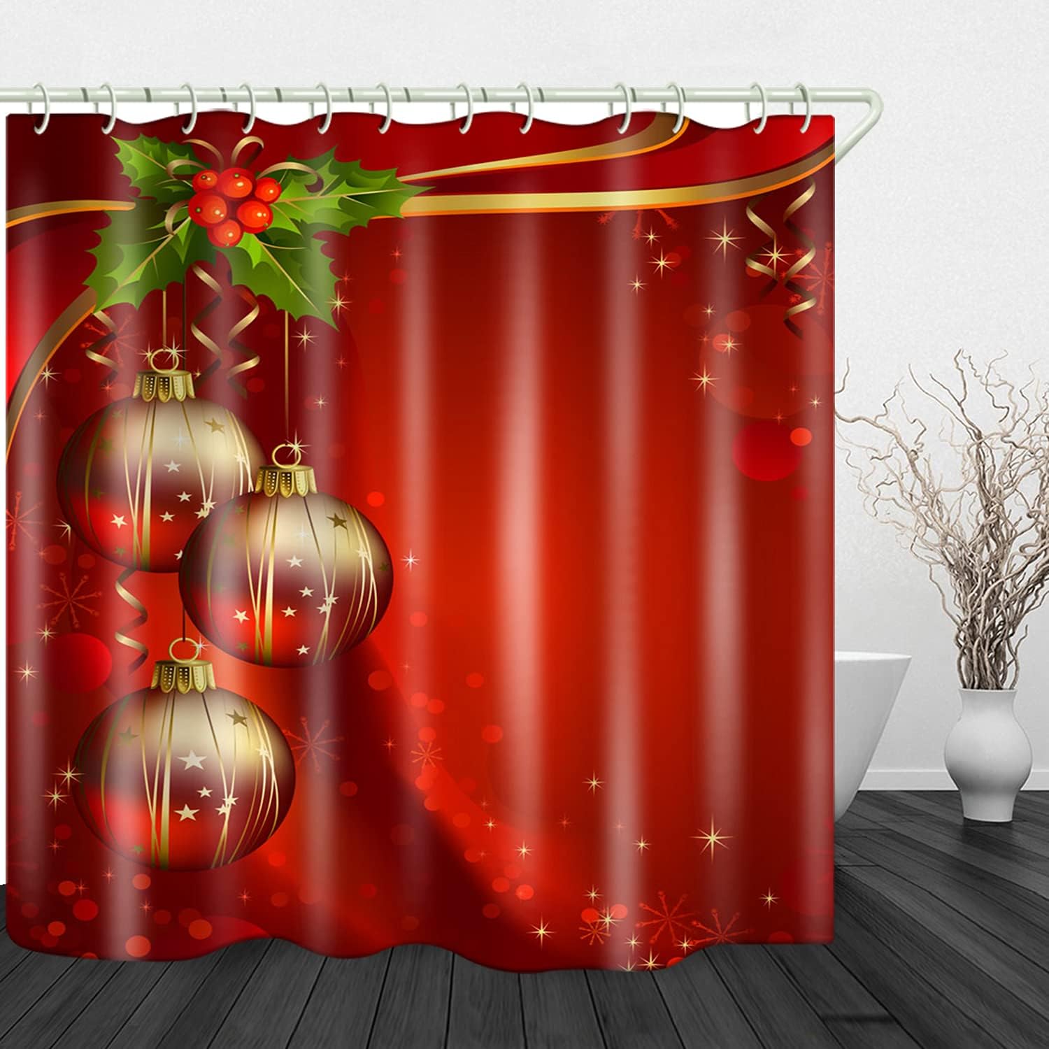 Red Christmas Lantern Shower Curtain with Art Print for Bathroom Accessories